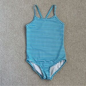 Hanna Andersson Moon & Back striped teal swimsuit, size 6-7 (120)